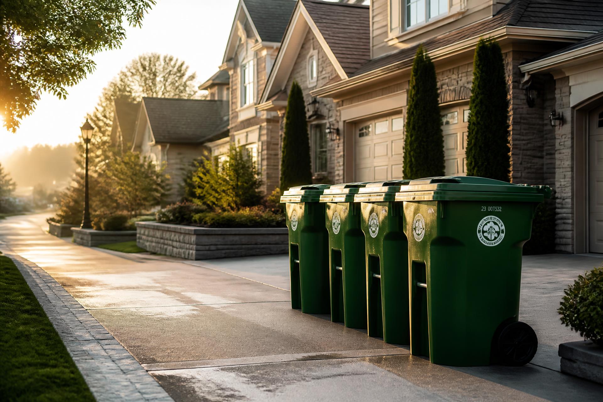 Bacs verts impeccables devant de belles maisons de banlieue au lever du soleil